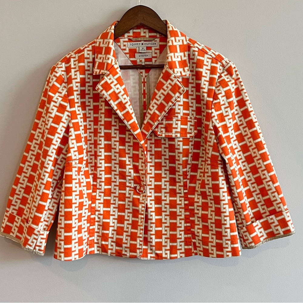 Vintage Tommy Hilfiger Cropped Blazer Women’s 16 Geometric Chain Print Stretch